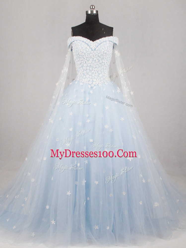 Light Blue Wedding Gown Off The Shoulder Sleeveless Watteau Train Lace Up