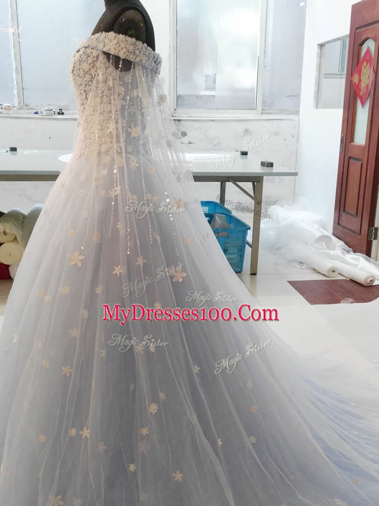Light Blue Wedding Gown Off The Shoulder Sleeveless Watteau Train Lace Up
