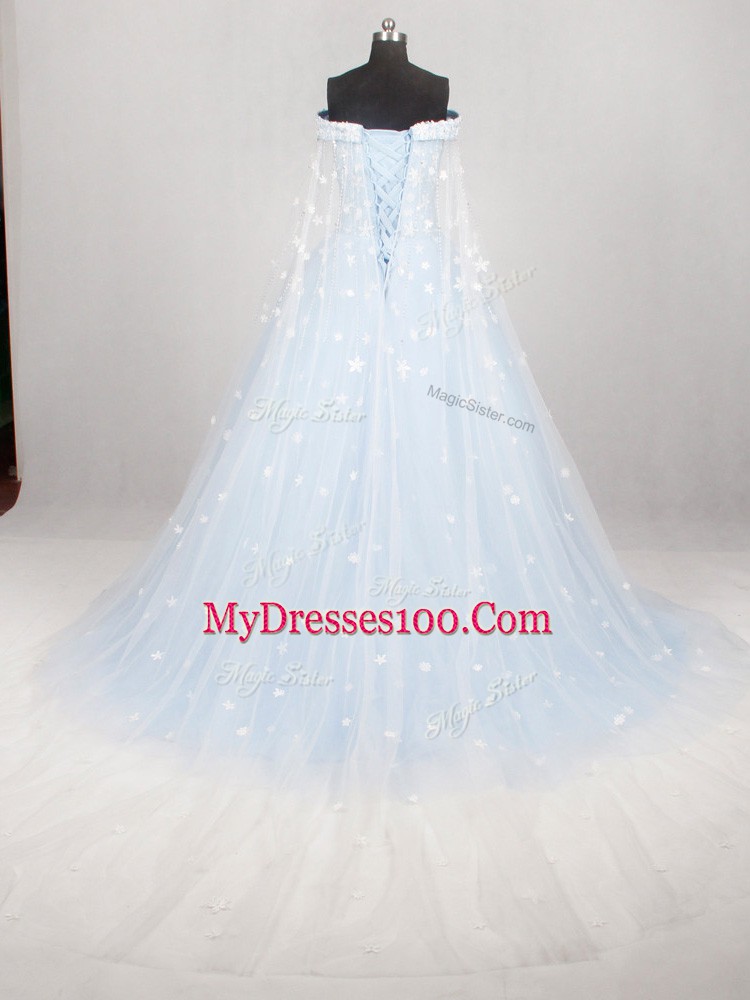 Light Blue Wedding Gown Off The Shoulder Sleeveless Watteau Train Lace Up