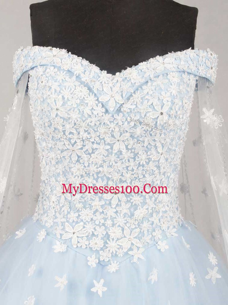 Light Blue Wedding Gown Off The Shoulder Sleeveless Watteau Train Lace Up