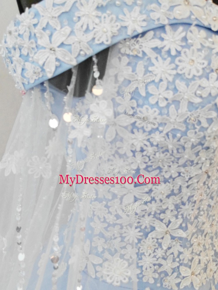 Light Blue Wedding Gown Off The Shoulder Sleeveless Watteau Train Lace Up