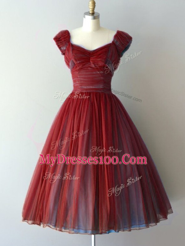 Fantastic Rust Red Cap Sleeves Knee Length Ruching Lace Up Quinceanera Dama Dress