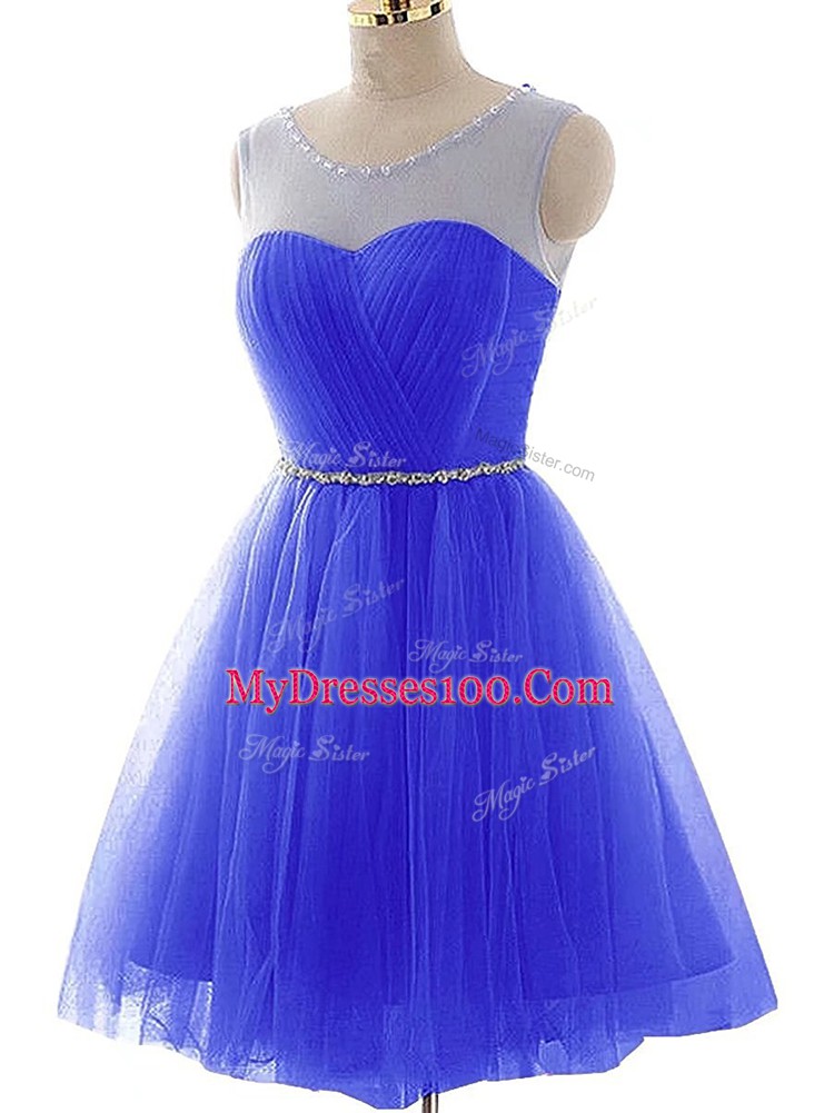 Blue Sleeveless Tulle Lace Up Prom Gown for Prom and Party and Sweet 16