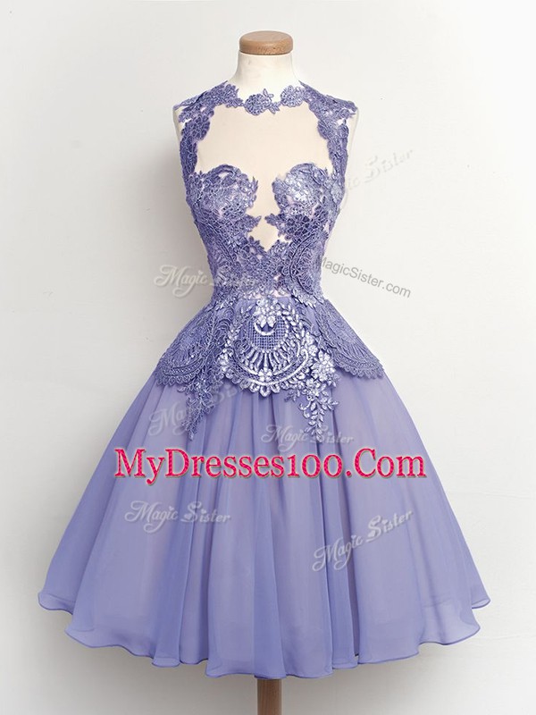 Lilac Sleeveless Knee Length Lace Lace Up Quinceanera Dama Dress