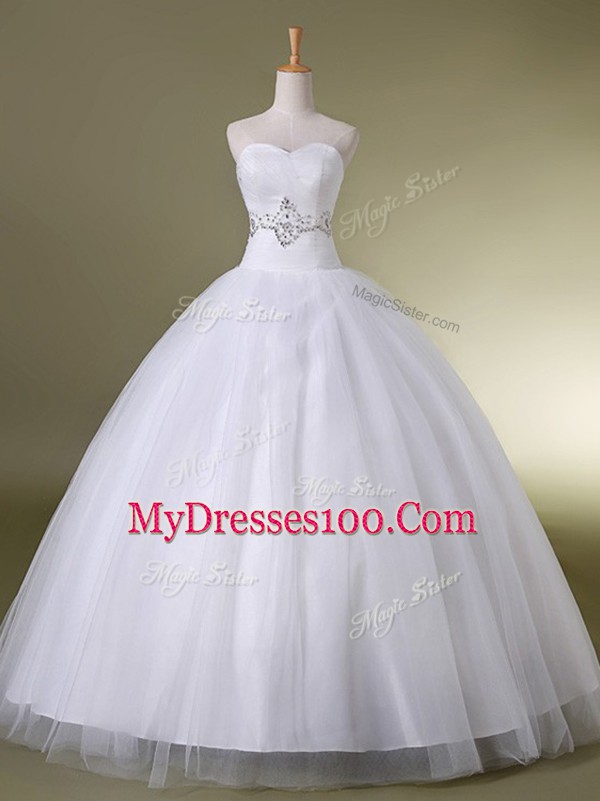 Glittering White Sleeveless Tulle Lace Up Wedding Dress for Wedding Party
