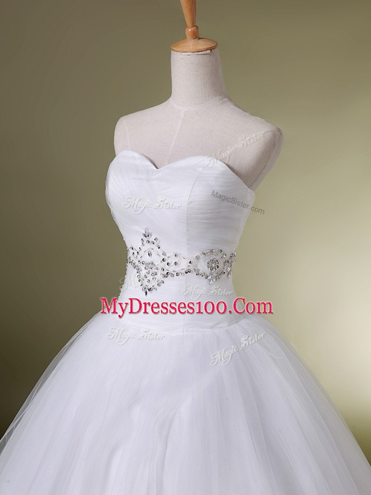 Glittering White Sleeveless Tulle Lace Up Wedding Dress for Wedding Party