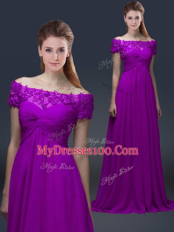 Cute Off The Shoulder Short Sleeves Lace Up Mother Dresses Purple Chiffon