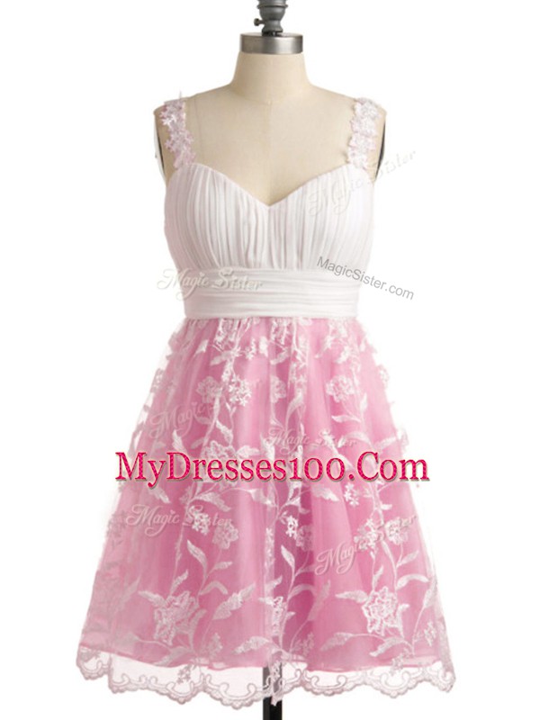 New Arrival Rose Pink Empire Lace Bridesmaid Dress Lace Up Lace Sleeveless Knee Length