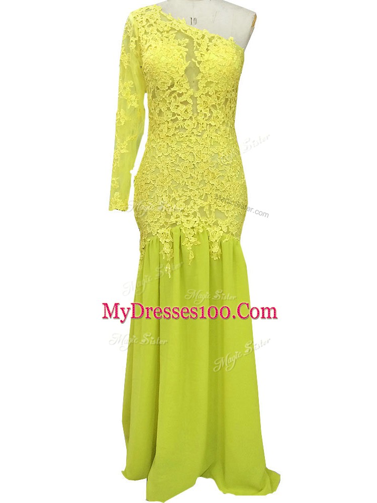 Column/Sheath Long Sleeves Yellow Mother of the Bride Dress Brush Train Side Zipper