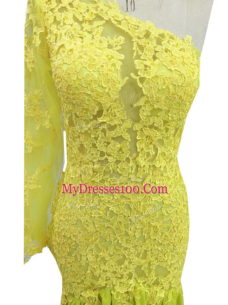 Column/Sheath Long Sleeves Yellow Mother of the Bride Dress Brush Train Side Zipper