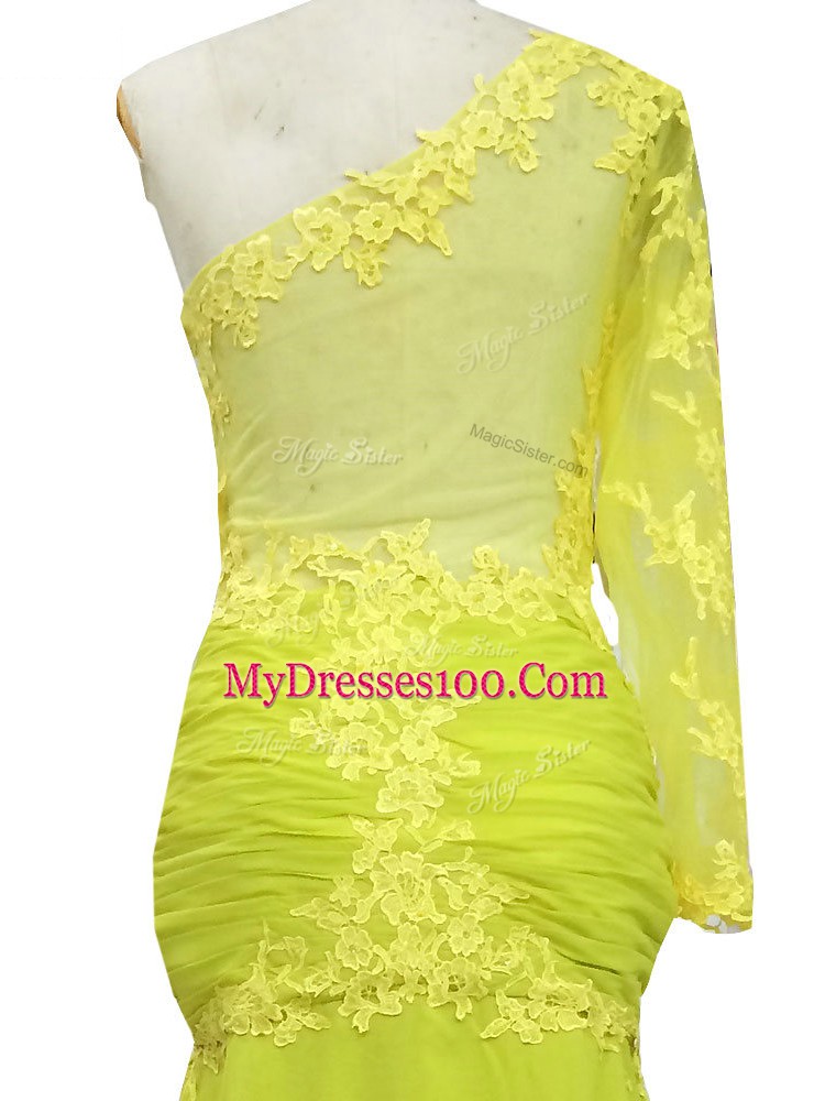 Column/Sheath Long Sleeves Yellow Mother of the Bride Dress Brush Train Side Zipper
