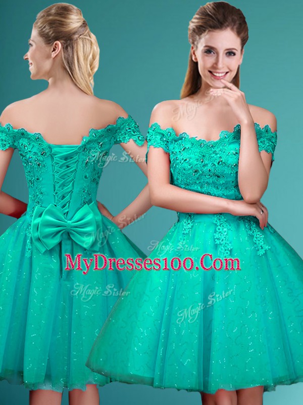 Ideal Knee Length Lace Up Bridesmaid Gown Turquoise for Prom and Party with Lace and Belt