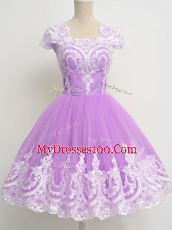 A-line Quinceanera Court of Honor Dress Lavender Square Tulle 3 4 Length Sleeve Knee Length Zipper