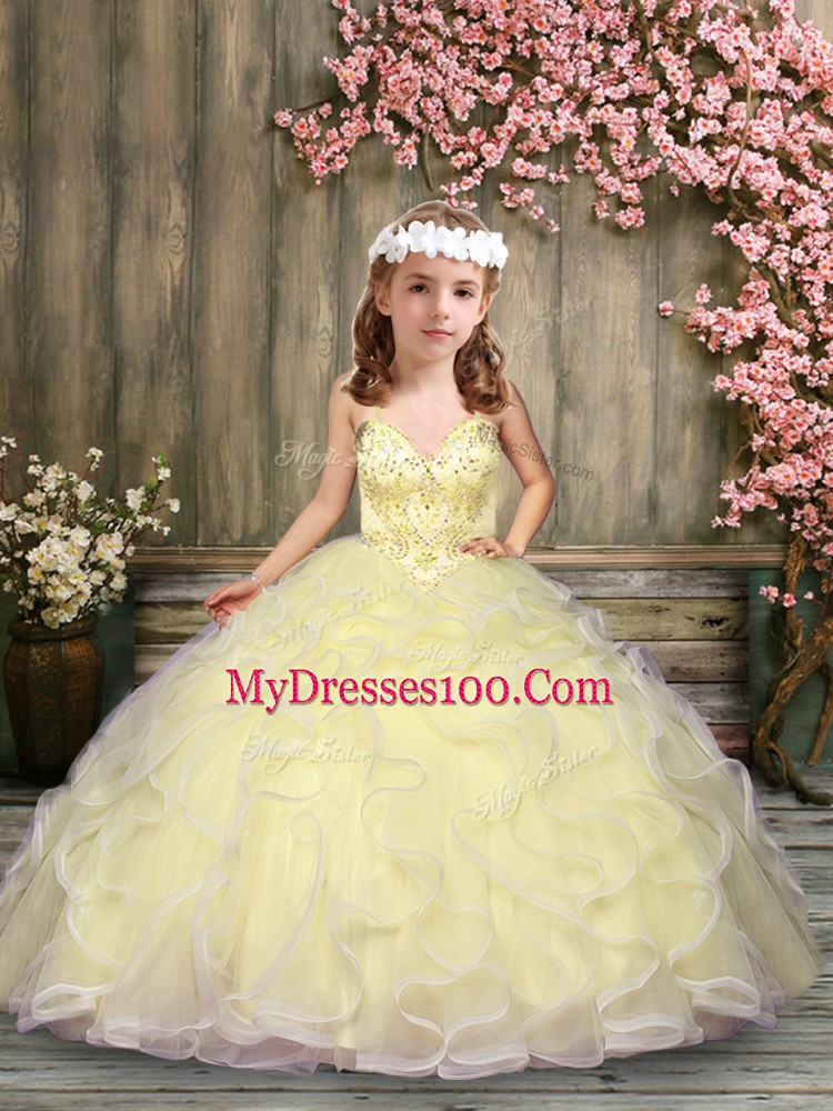 Super Light Yellow Sleeveless Floor Length Beading and Ruffles Lace Up Kids Formal Wear