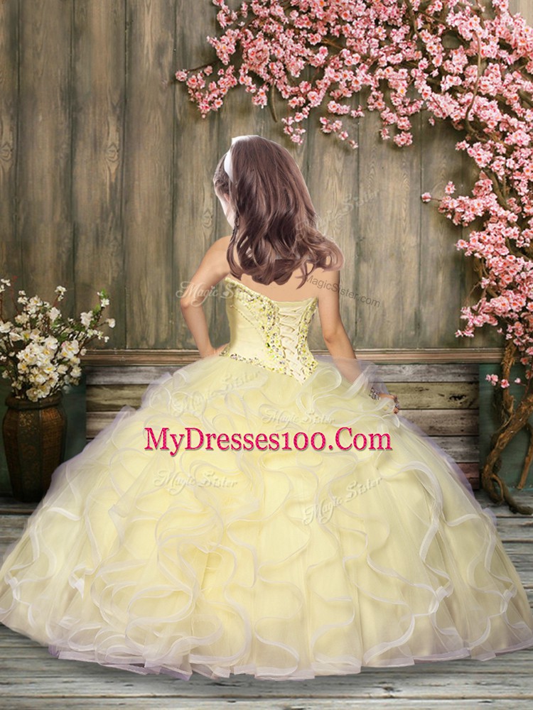 Super Light Yellow Sleeveless Floor Length Beading and Ruffles Lace Up Kids Formal Wear