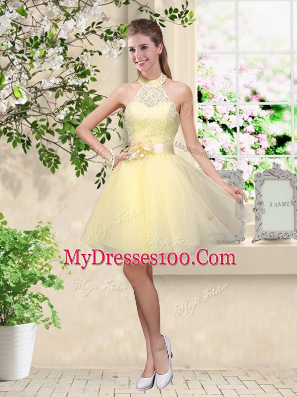 Adorable Sleeveless Lace and Belt Lace Up Wedding Guest Dresses