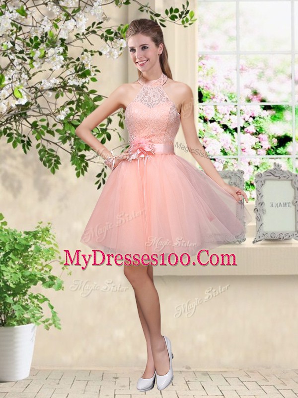 Adorable Sleeveless Lace and Belt Lace Up Wedding Guest Dresses
