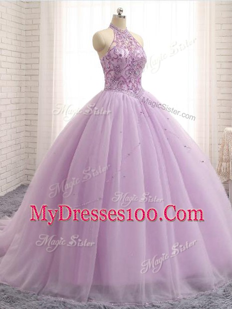 Glittering Lilac Tulle Lace Up Quinceanera Dresses Sleeveless Brush Train Beading