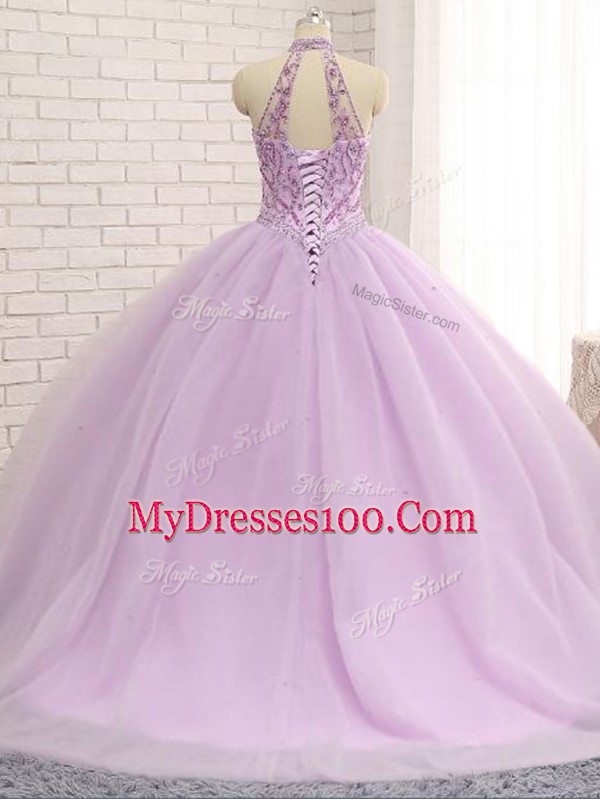 Glittering Lilac Tulle Lace Up Quinceanera Dresses Sleeveless Brush Train Beading