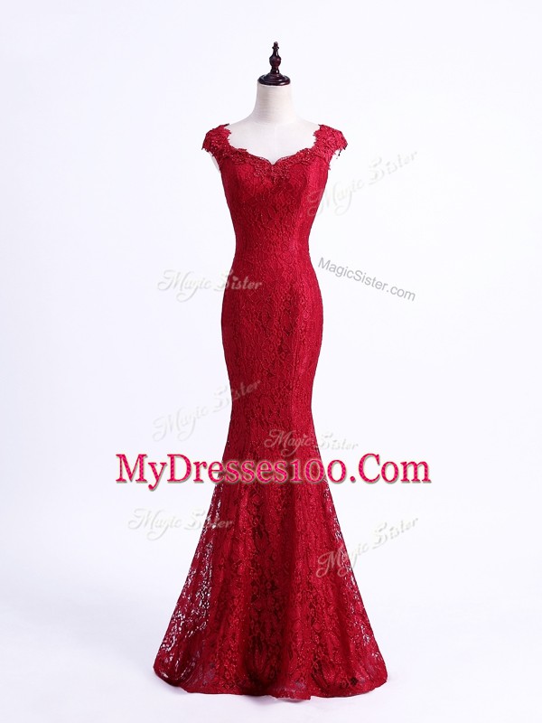 Floor Length Mermaid Sleeveless Red Prom Dresses Lace Up
