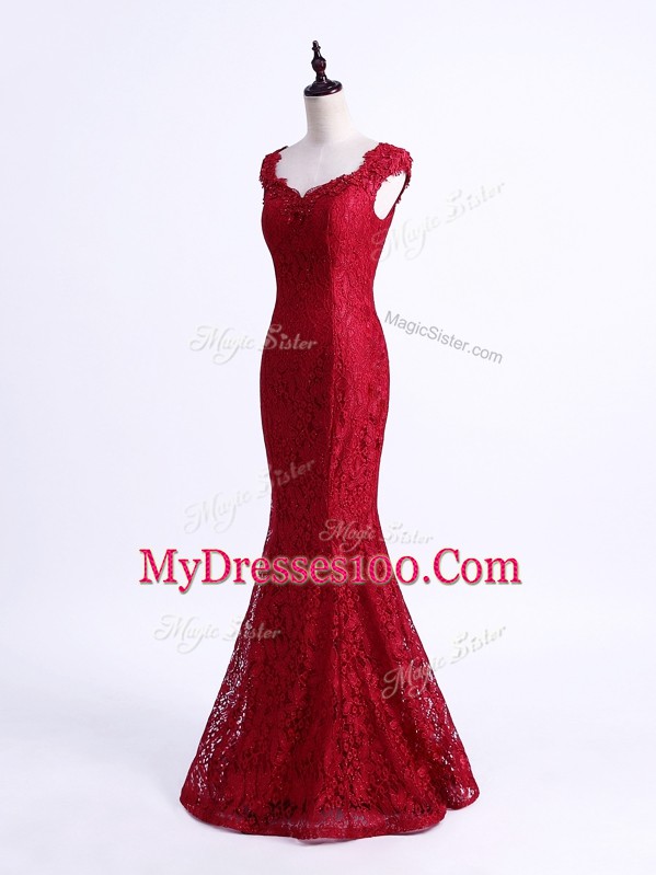 Floor Length Mermaid Sleeveless Red Prom Dresses Lace Up