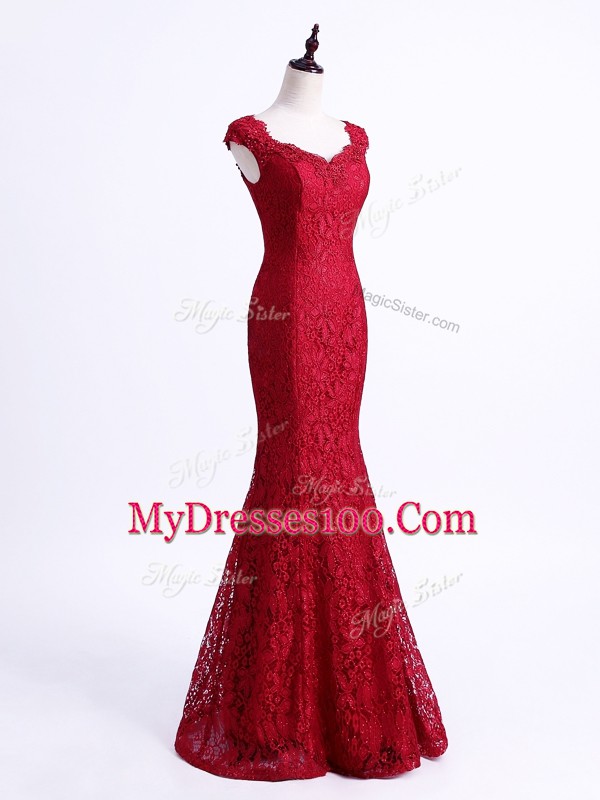 Floor Length Mermaid Sleeveless Red Prom Dresses Lace Up