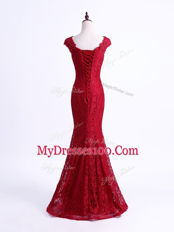Floor Length Mermaid Sleeveless Red Prom Dresses Lace Up