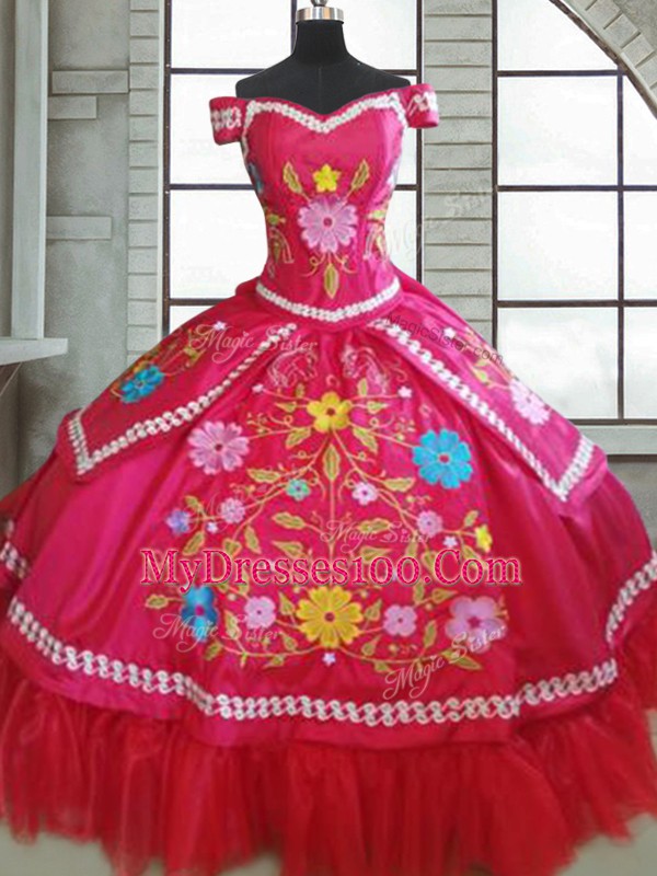Attractive Hot Pink Ball Gowns Taffeta Sweetheart Short Sleeves Beading and Embroidery Floor Length Lace Up Sweet 16 Quinceanera Dress