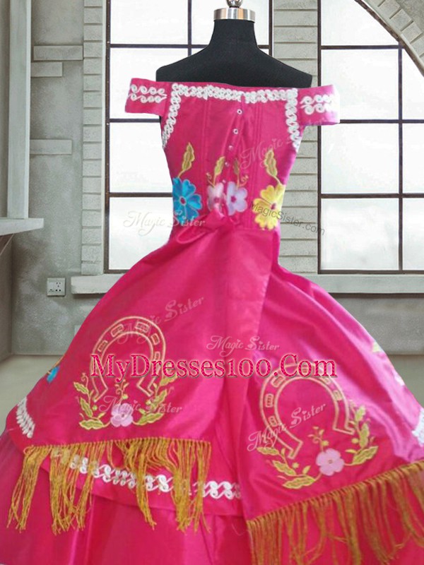 Attractive Hot Pink Ball Gowns Taffeta Sweetheart Short Sleeves Beading and Embroidery Floor Length Lace Up Sweet 16 Quinceanera Dress