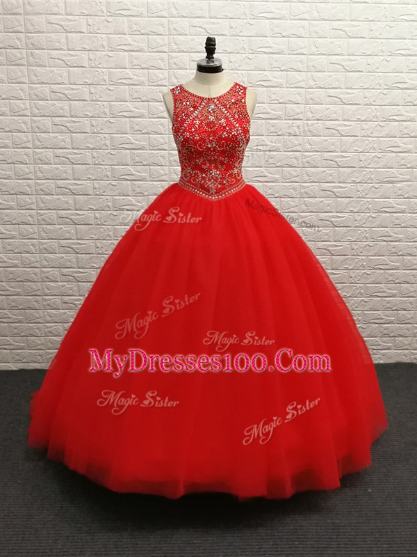 Red Ball Gowns Beading Ball Gown Prom Dress Zipper Tulle Sleeveless