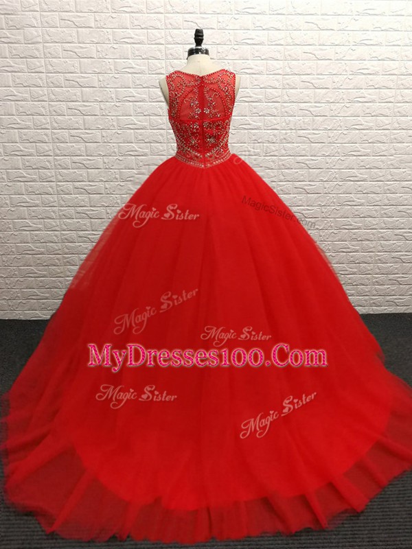 Red Ball Gowns Beading Ball Gown Prom Dress Zipper Tulle Sleeveless
