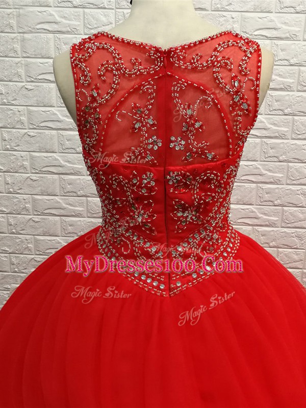Red Ball Gowns Beading Ball Gown Prom Dress Zipper Tulle Sleeveless