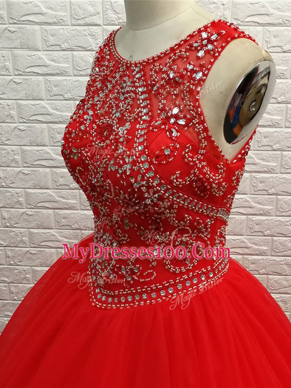 Red Ball Gowns Beading Ball Gown Prom Dress Zipper Tulle Sleeveless