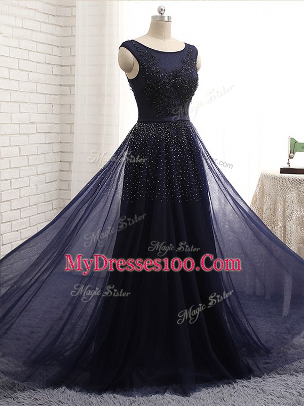 Customized Sleeveless Tulle Floor Length Zipper Mother Of The Bride Dress in Navy Blue with Beading