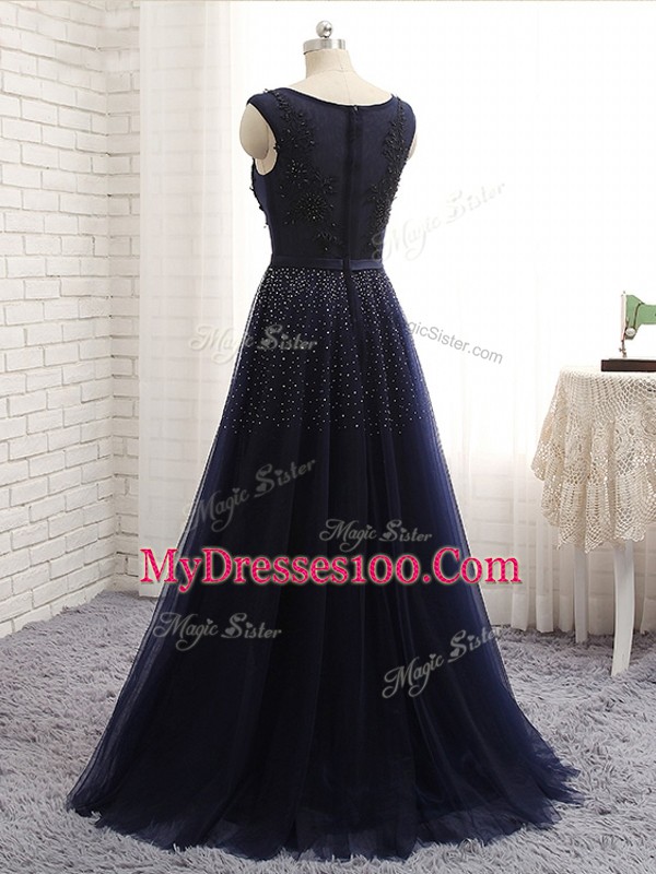Customized Sleeveless Tulle Floor Length Zipper Mother Of The Bride Dress in Navy Blue with Beading