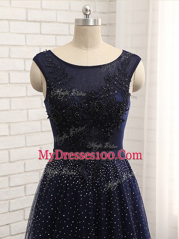 Customized Sleeveless Tulle Floor Length Zipper Mother Of The Bride Dress in Navy Blue with Beading