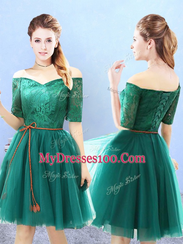 Green A-line Tulle Off The Shoulder Half Sleeves Lace Knee Length Lace Up Wedding Guest Dresses