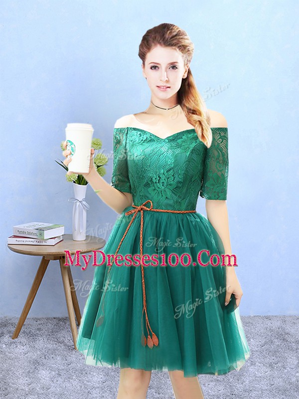 Green A-line Tulle Off The Shoulder Half Sleeves Lace Knee Length Lace Up Wedding Guest Dresses