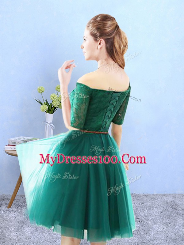 Green A-line Tulle Off The Shoulder Half Sleeves Lace Knee Length Lace Up Wedding Guest Dresses
