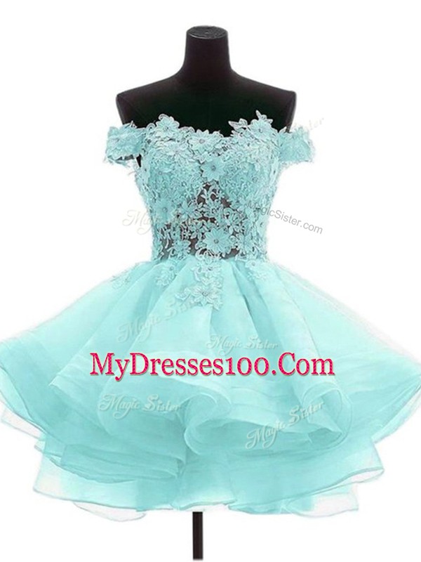 Aqua Blue A-line Off The Shoulder Sleeveless Organza Mini Length Zipper Beading and Lace Prom Dress