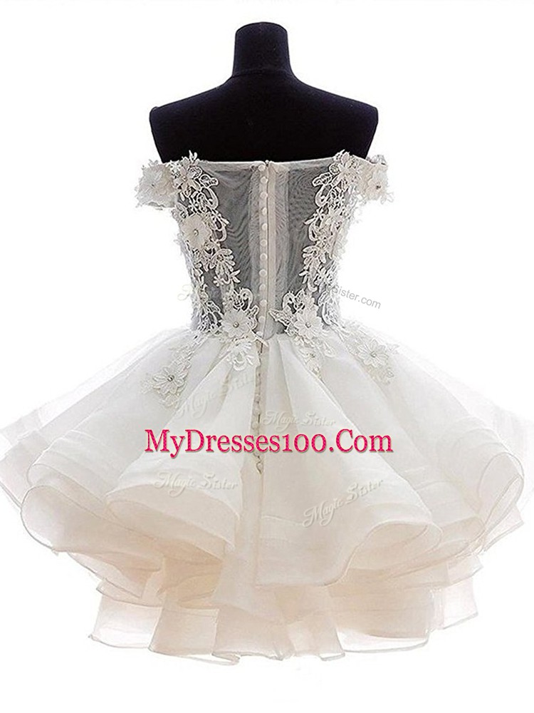 Aqua Blue A-line Off The Shoulder Sleeveless Organza Mini Length Zipper Beading and Lace Prom Dress