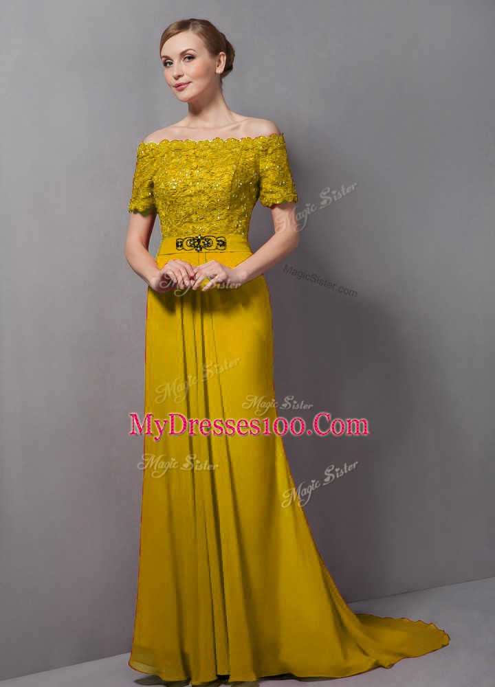 Chiffon Short Sleeves Mother Of The Bride Dress Sweep Train and Lace
