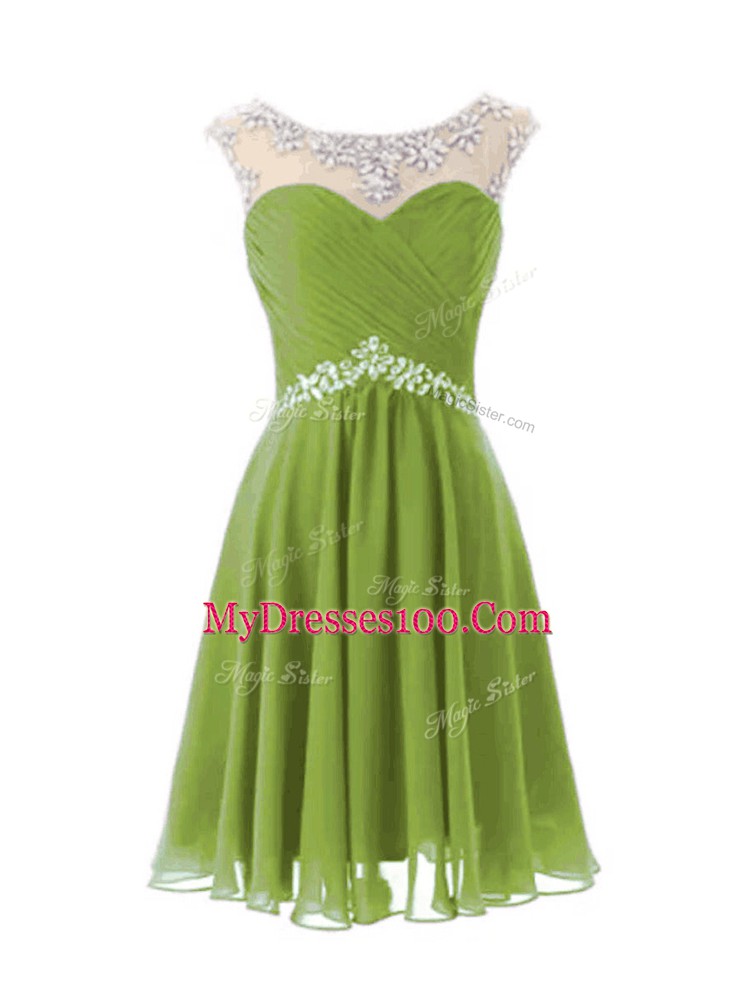 Fashionable Knee Length Zipper Evening Dress Olive Green for Prom and Party with Beading