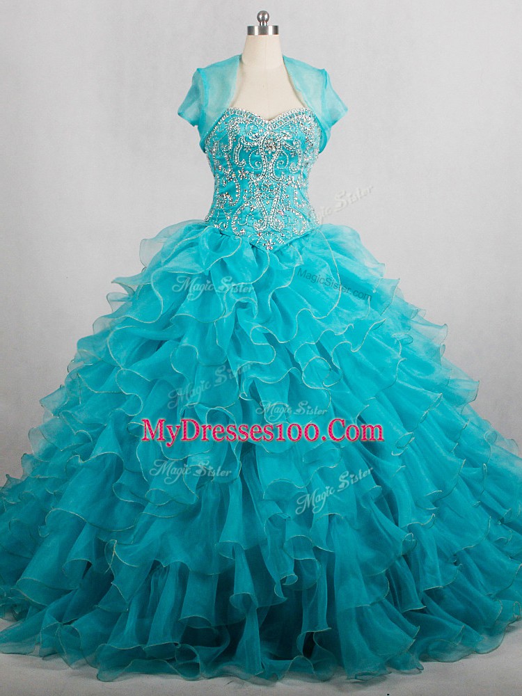 Dynamic Lace Up Quinceanera Gowns Aqua Blue for Sweet 16 and Quinceanera with Beading and Ruffles Brush Train