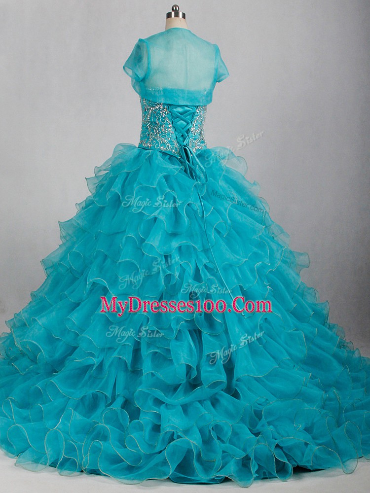 Dynamic Lace Up Quinceanera Gowns Aqua Blue for Sweet 16 and Quinceanera with Beading and Ruffles Brush Train