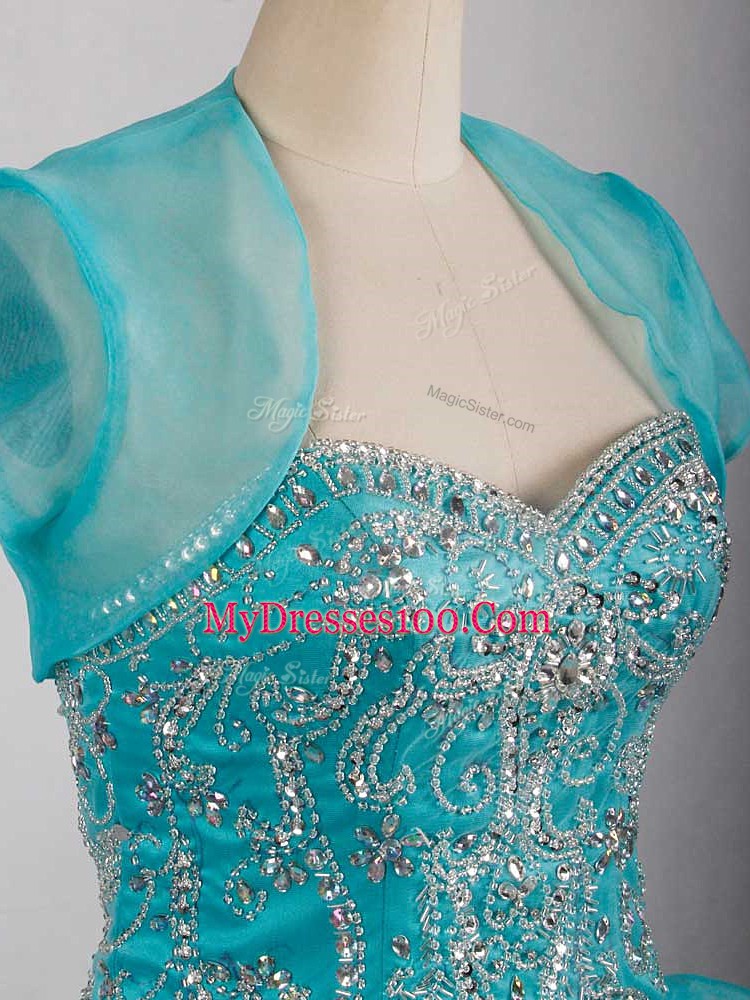 Dynamic Lace Up Quinceanera Gowns Aqua Blue for Sweet 16 and Quinceanera with Beading and Ruffles Brush Train