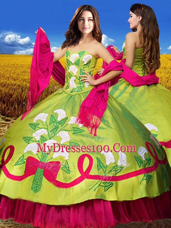 Affordable Sleeveless Organza and Taffeta Floor Length Lace Up Sweet 16 Dresses in Olive Green with Embroidery