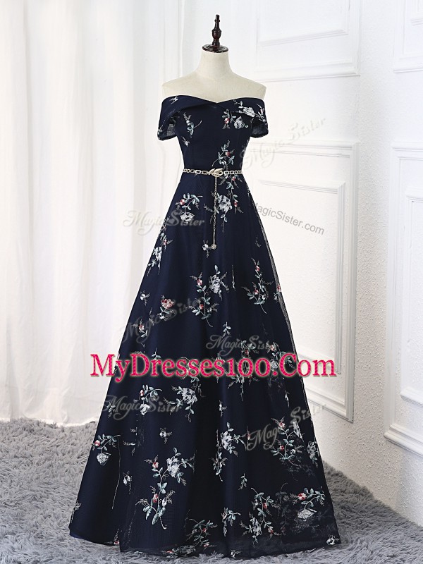 Fitting Floor Length Multi-color Prom Dresses Printed Sleeveless Beading and Belt