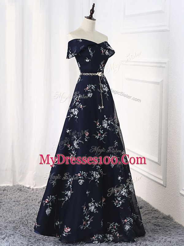 Fitting Floor Length Multi-color Prom Dresses Printed Sleeveless Beading and Belt