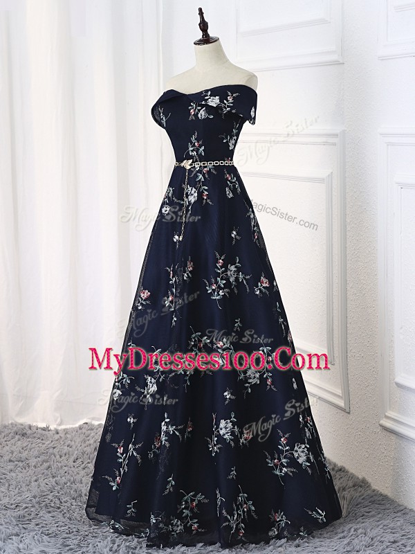 Fitting Floor Length Multi-color Prom Dresses Printed Sleeveless Beading and Belt